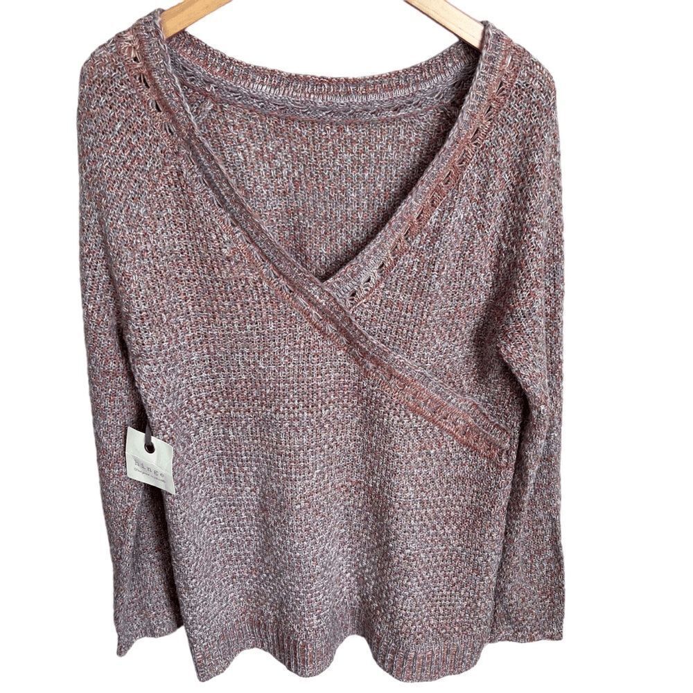 NWT Hinge Faux Wrap Sweater size Large Pink Multi V-Neck Pullover Soft V-Neck